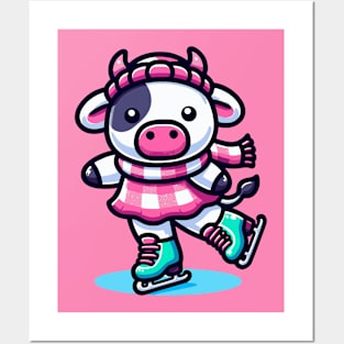 Ice Skating Cow Kawaii Style Posters and Art